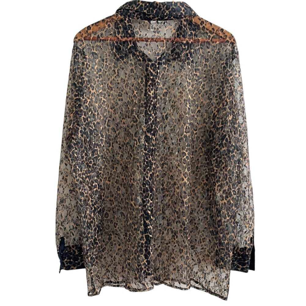 Vintage Leopard Print Mesh Lace Tunic Shirt 1X Sheer Button Front Whimsigoth